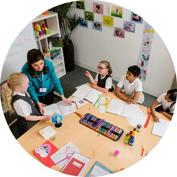 Teacher conducting class with primary school children as viewed from 360 degree ONVU Learning camera